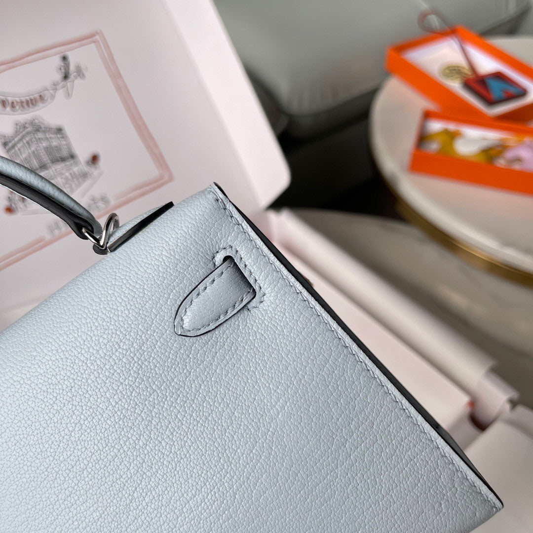 Hermès Bleu Pale  Mini Kelly II Chevre  Mysore Leather Palladium hardware