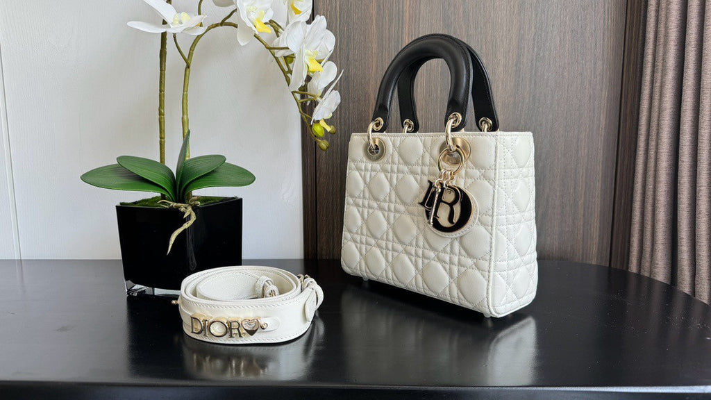 Christian Dior Medium Lady Dior Bag  Two-Tone Black and White Cannage Lambskin