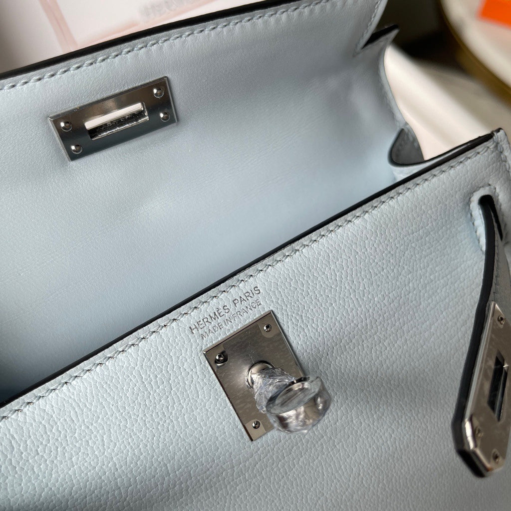 Hermès Bleu Pale  Mini Kelly II Chevre  Mysore Leather Palladium hardware