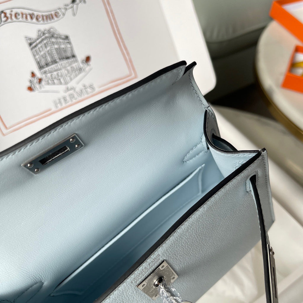 Hermès Bleu Pale  Mini Kelly II Chevre  Mysore Leather Palladium hardware