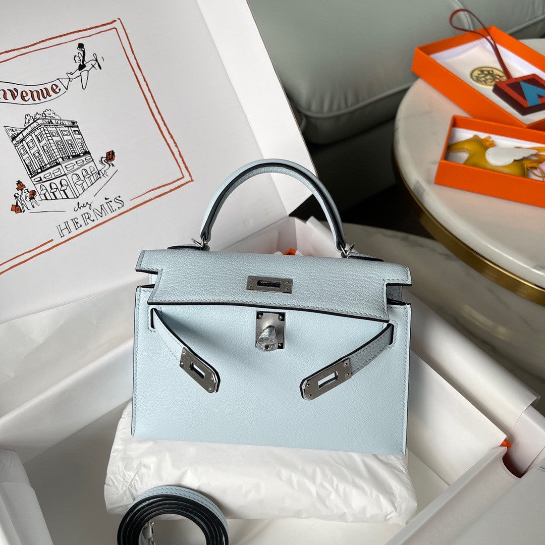 Hermès Bleu Pale  Mini Kelly II Chevre  Mysore Leather Palladium hardware