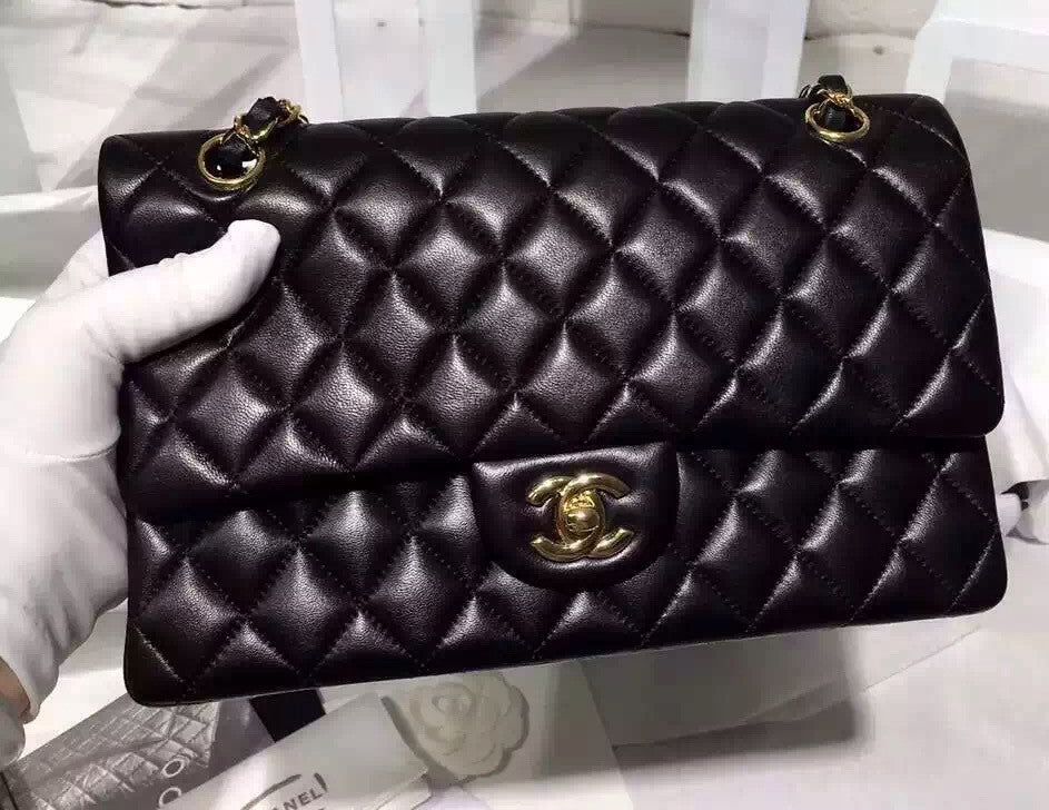 CHANEL 2016 Classic Flap Bag Black Lambskin Medium A01112 Silver HW