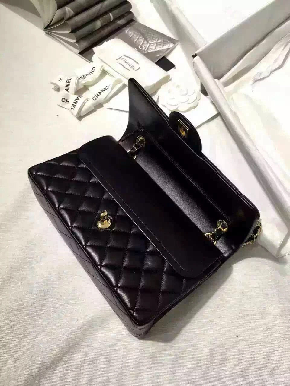 CHANEL 2016 Classic Flap Bag Black Lambskin Medium A01112 Silver HW