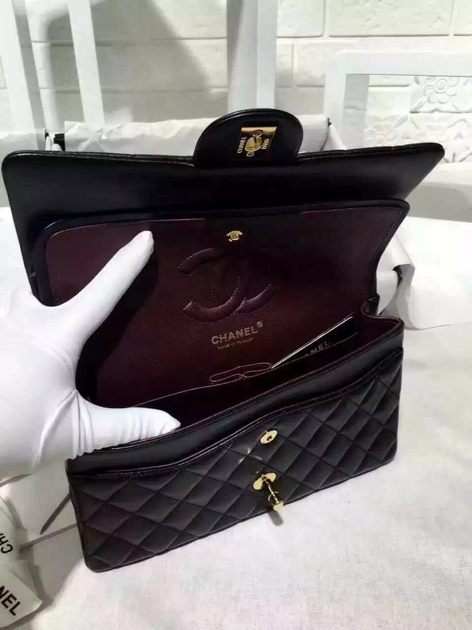 CHANEL 2016 Classic Flap Bag Black Lambskin Medium A01112 Silver HW