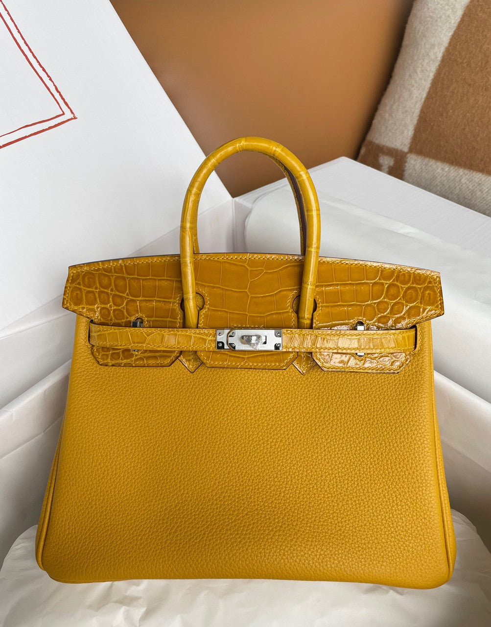 Hermes Birkin Touch 25 Amber Shiny Niloticus Crocodile & Togo leather with Gold Hardware