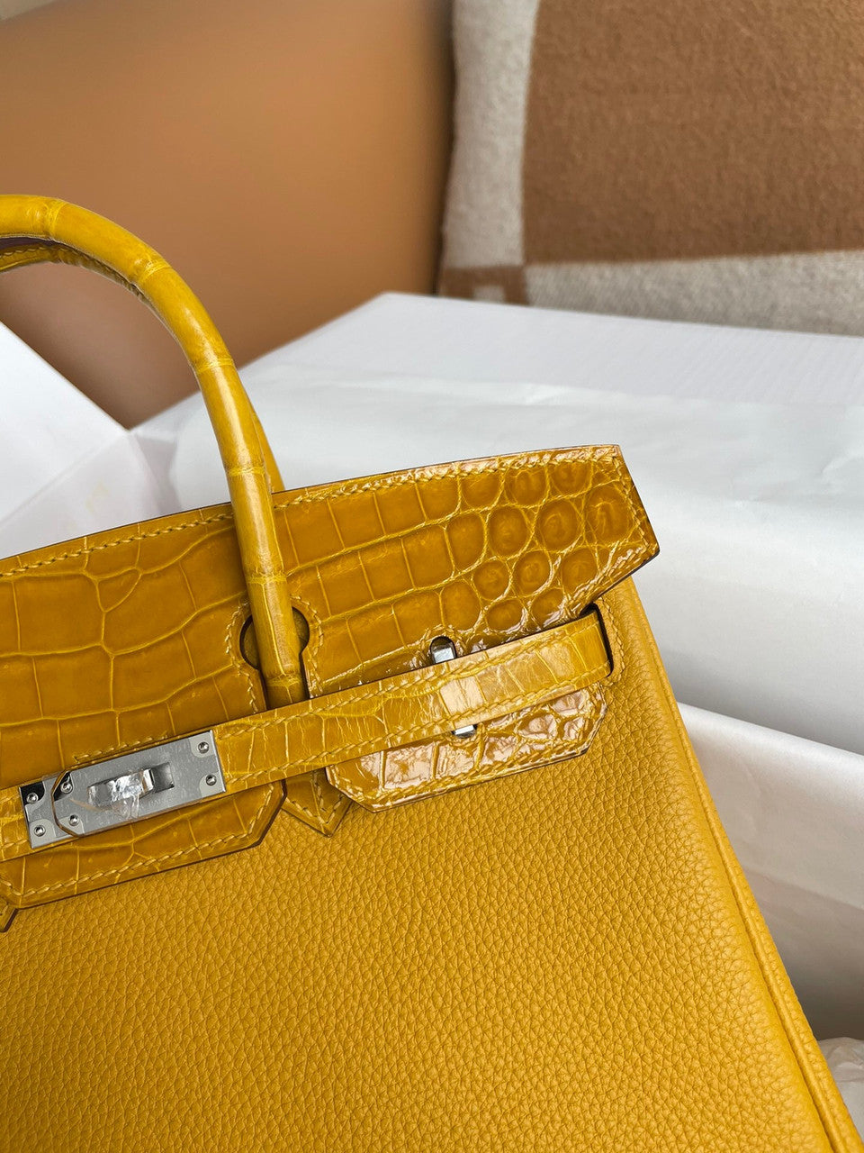 Hermes Birkin Touch 25 Amber Shiny Niloticus Crocodile & Togo leather with Gold Hardware