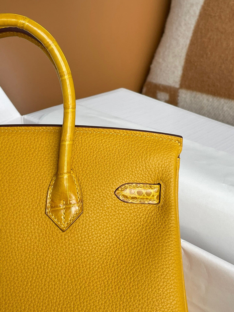Hermes Birkin Touch 25 Amber Shiny Niloticus Crocodile & Togo leather with Gold Hardware