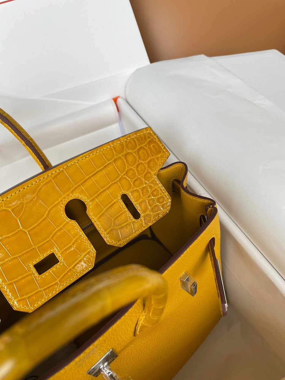 Hermes Birkin Touch 25 Amber Shiny Niloticus Crocodile & Togo leather with Gold Hardware