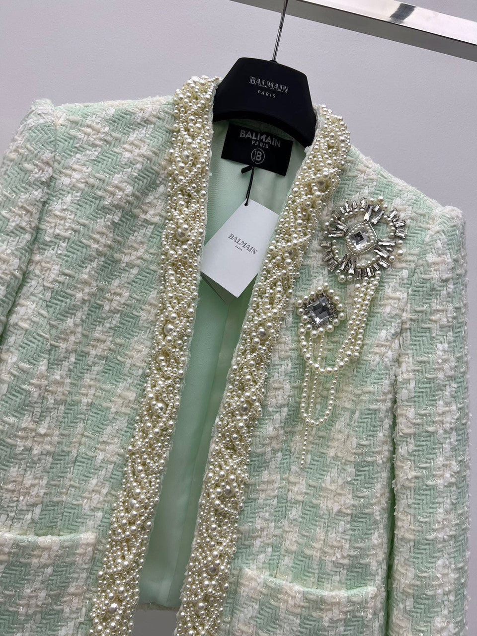 Balmain Tweed spencer jacket with embroidery Green