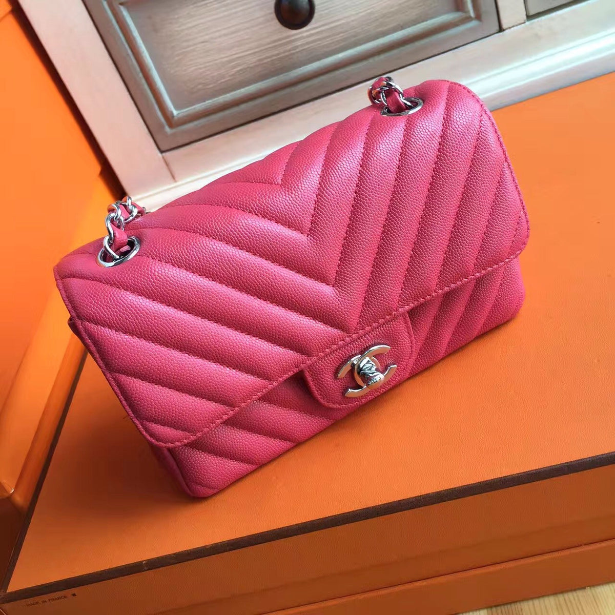 CHANEL Chevron Fuchsia Pink Flap Bag with silver hardware