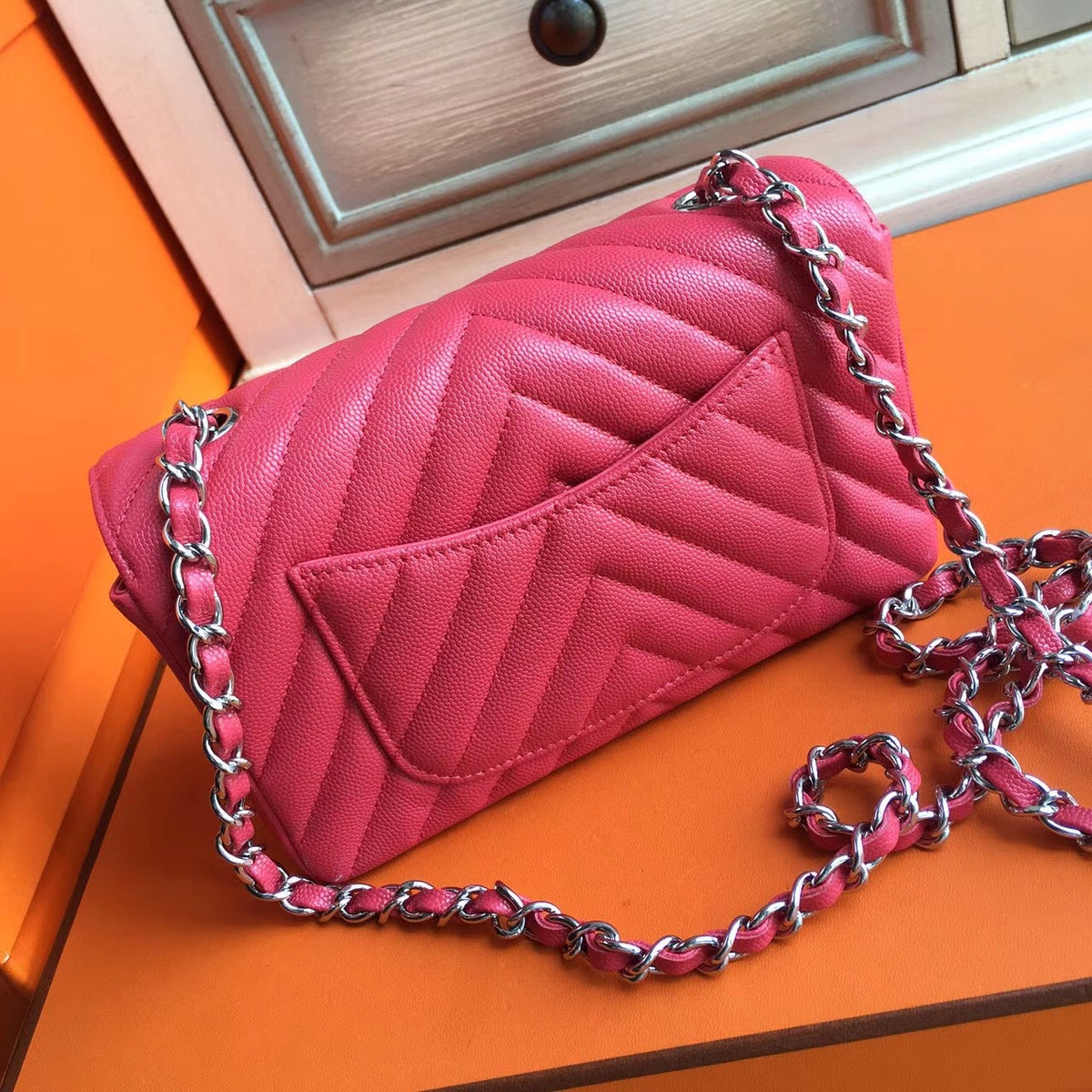 CHANEL Chevron Fuchsia Pink Flap Bag with silver hardware