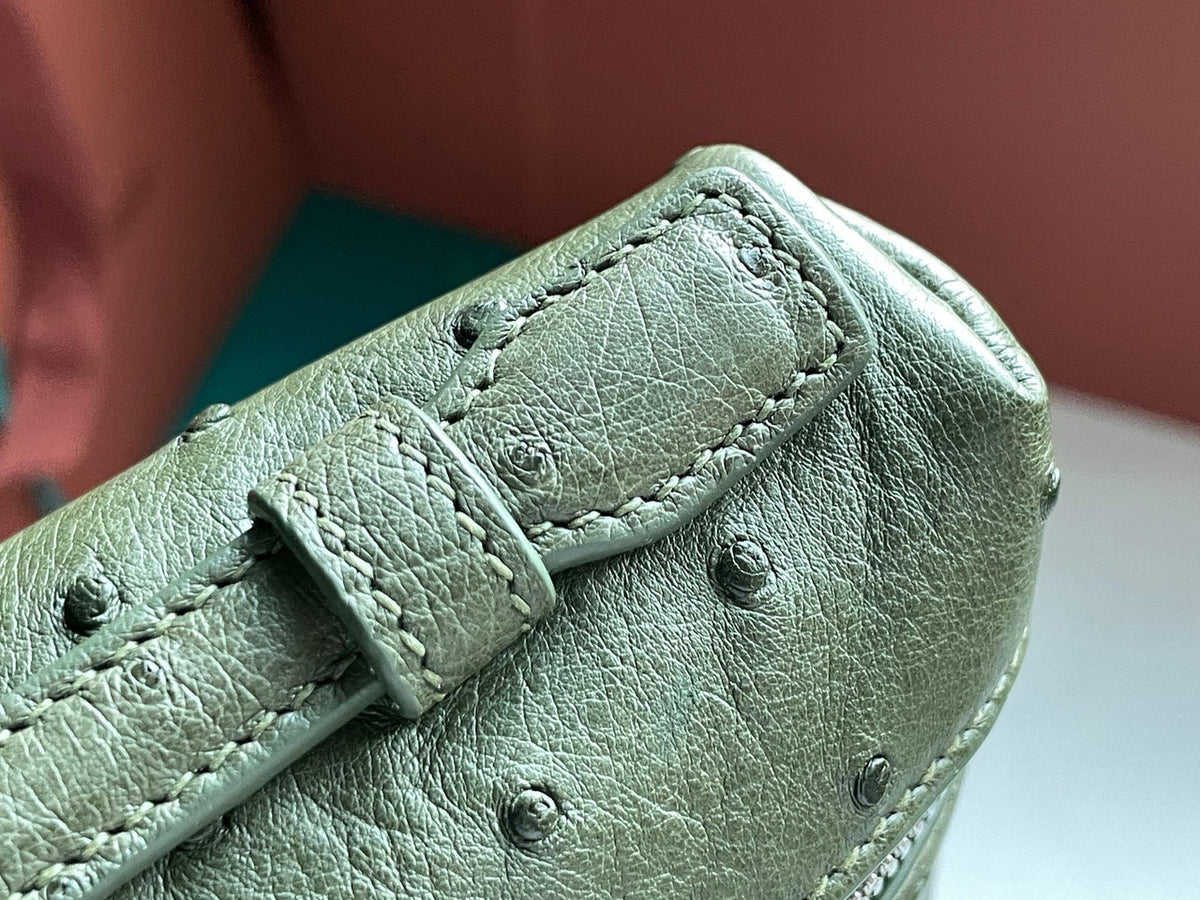 Loro Piana Extra Pocket Pouch L19  Ostrich Leather Dark Lichen Green