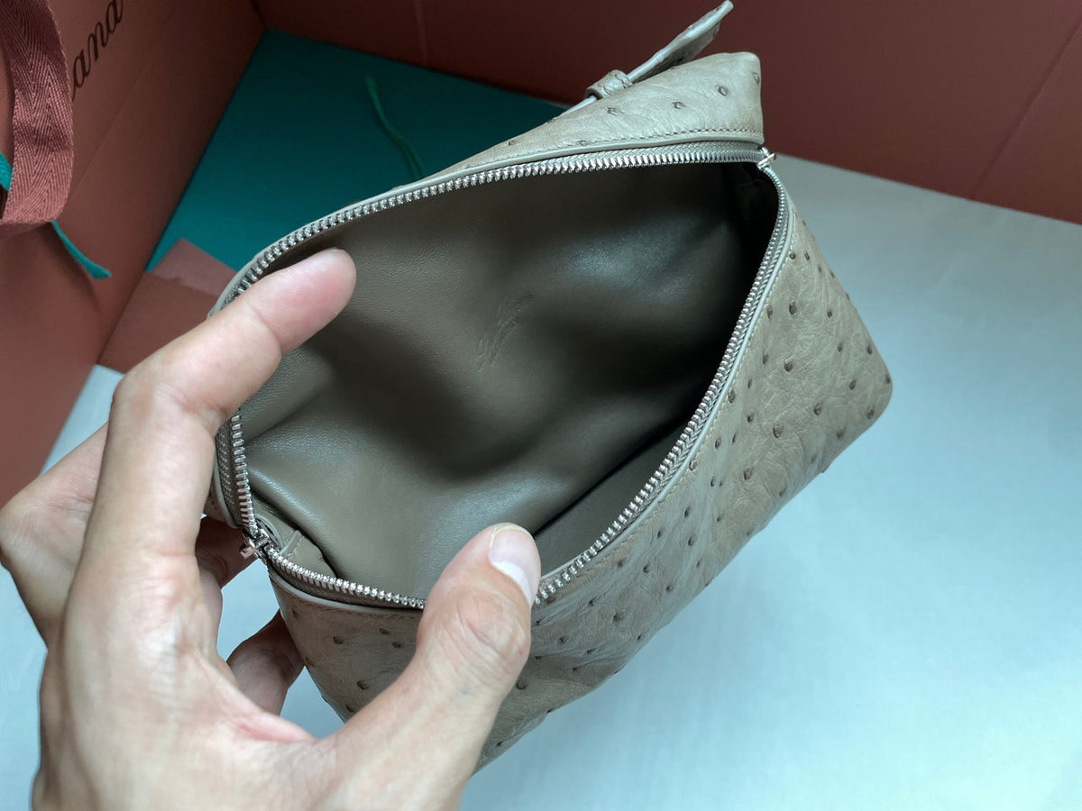 Loro Piana Extra Pocket Pouch L19  Ostrich Leather Etoupe