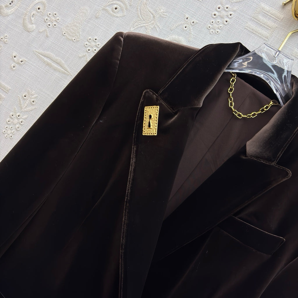 Schiaparelli Brown Velvet Tailored Blazer with Keyhole Plaque Schiaparelli