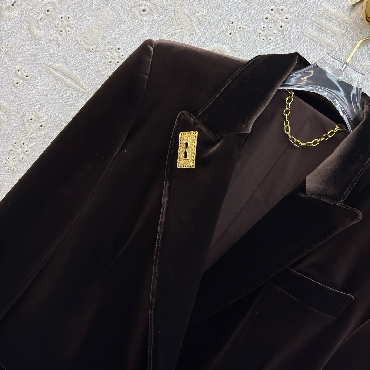 Schiaparelli Brown Velvet Tailored Blazer with Keyhole Plaque Schiaparelli