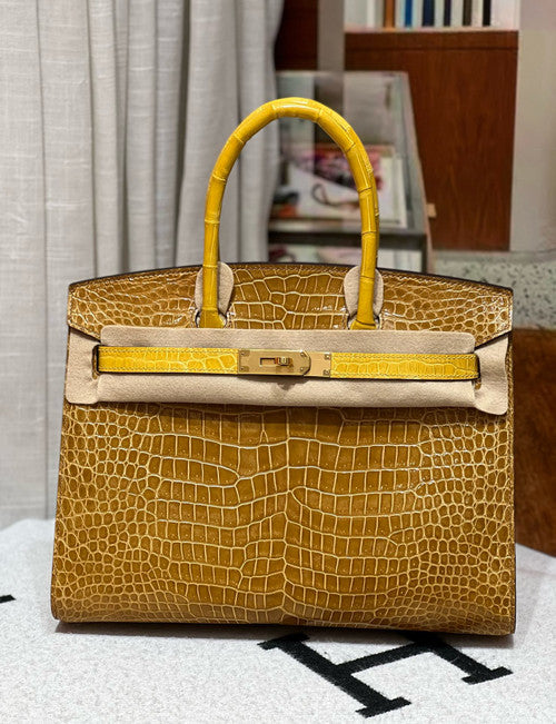 Hermes Special Order Gold/Mimosa Birkin 35 in Porosus Crocodile with Gold hardware