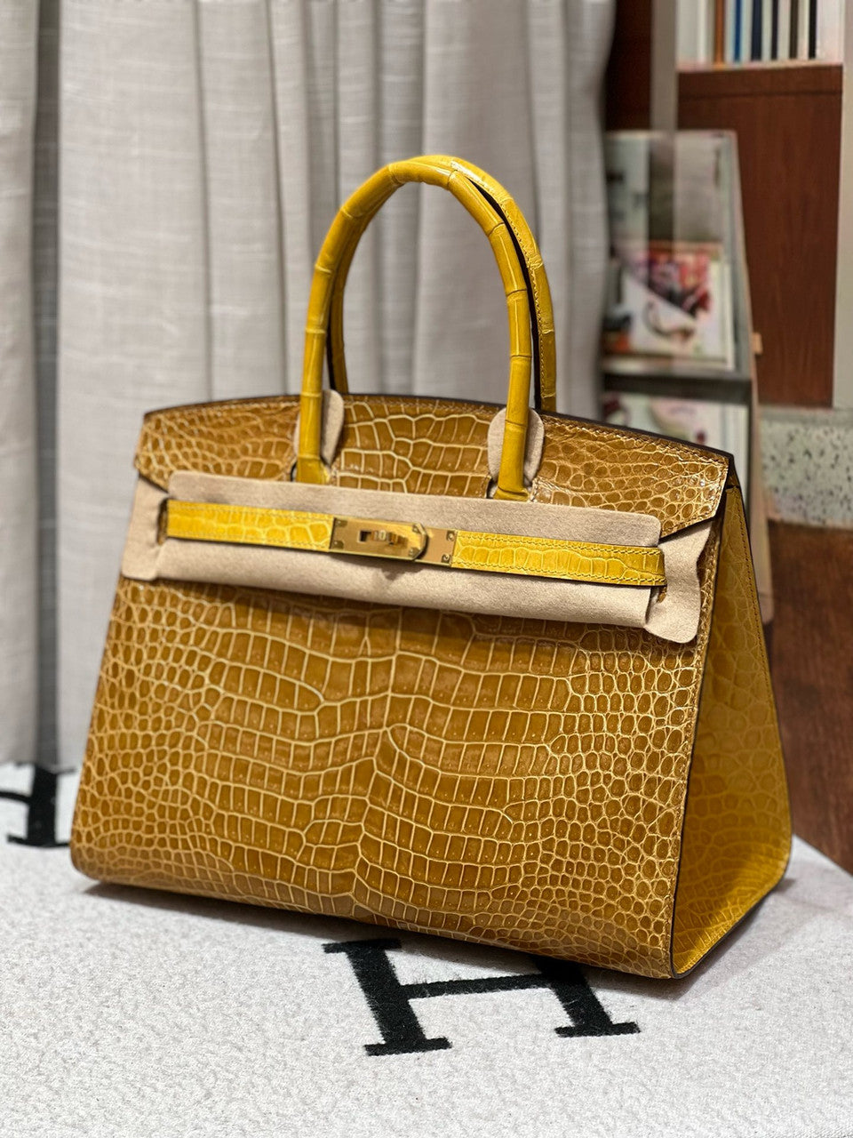 Hermes Special Order Gold/Mimosa Birkin 35 in Porosus Crocodile with Gold hardware