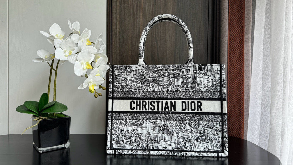 Christian Dior Medium Dior Book Tote  White and Black Paris Allover Embroidery
