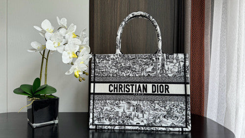 Christian Dior Medium Dior Book Tote  White and Black Paris Allover Embroidery