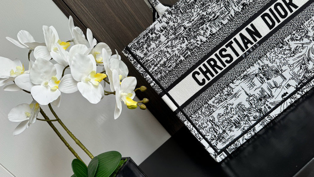 Christian Dior Medium Dior Book Tote  White and Black Paris Allover Embroidery