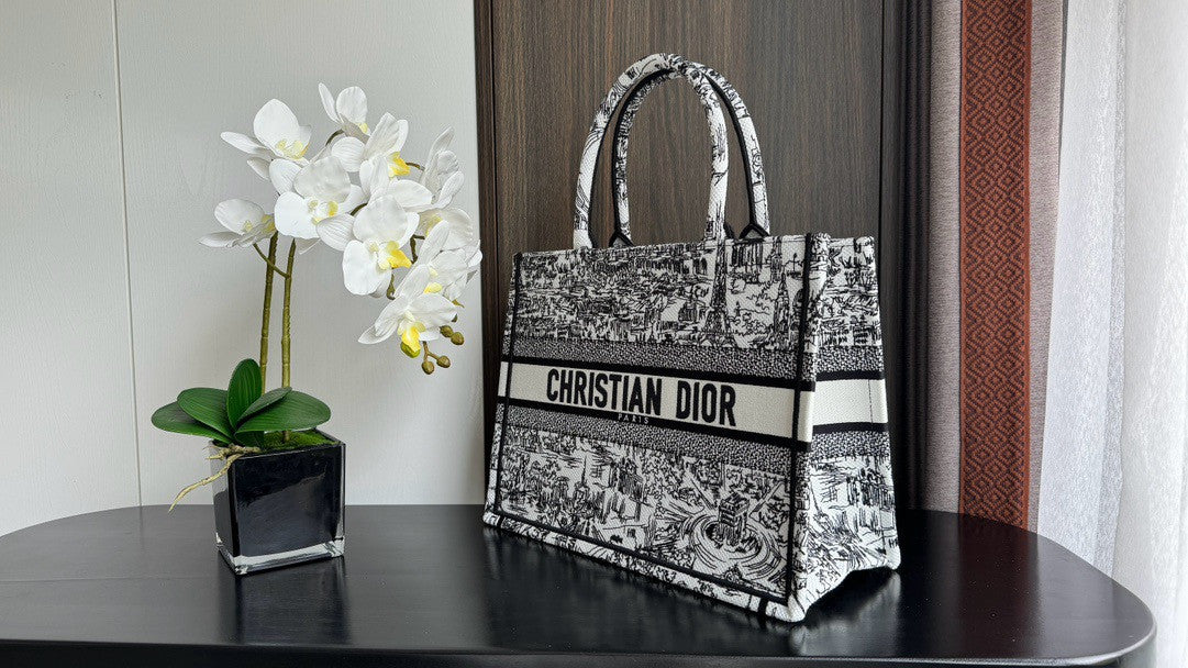 Christian Dior Medium Dior Book Tote  White and Black Paris Allover Embroidery