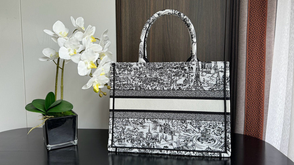 Christian Dior Medium Dior Book Tote  White and Black Paris Allover Embroidery