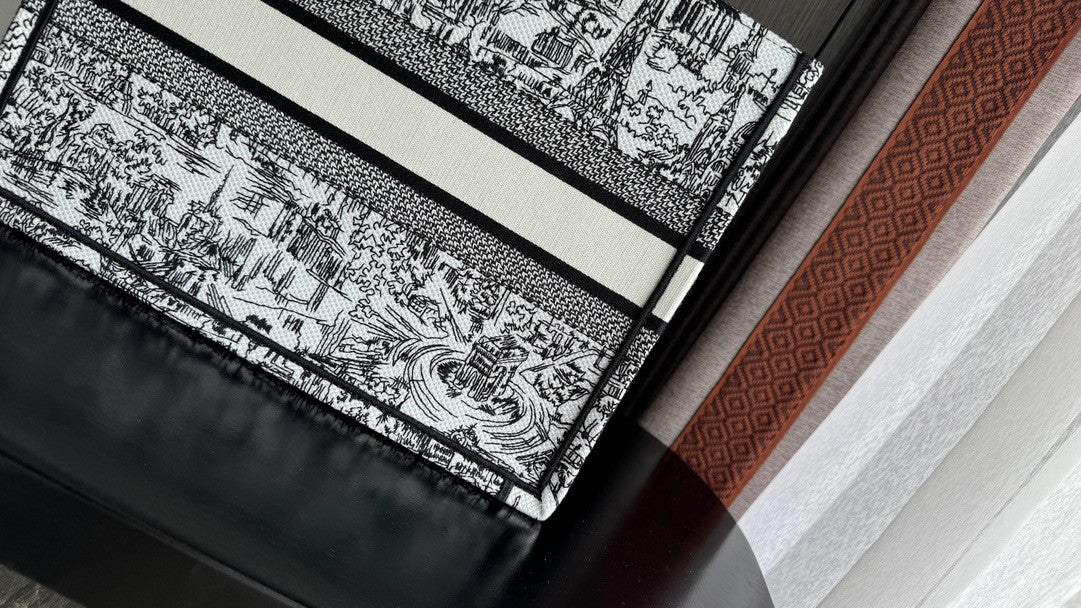 Christian Dior Medium Dior Book Tote  White and Black Paris Allover Embroidery