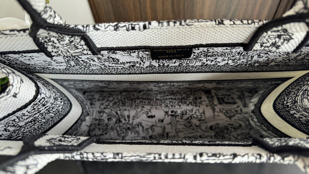 Christian Dior Medium Dior Book Tote  White and Black Paris Allover Embroidery