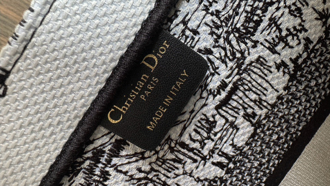 Christian Dior Medium Dior Book Tote  White and Black Paris Allover Embroidery