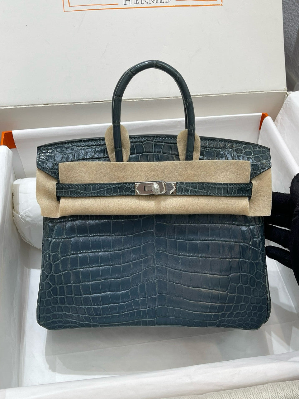 Hermes Bleu Orage Birkin Bag 25cm Niloticus Crocodile Palladium Hardware