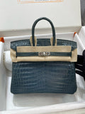 Hermes Bleu Orage Birkin Bag 25cm Niloticus Crocodile Palladium Hardware