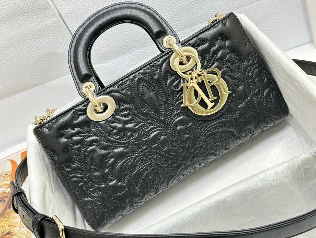 Christian Dior MEDIUM LADY D-JOY BAG Black Quilted-Effect Lambskin with Ornamental Motif