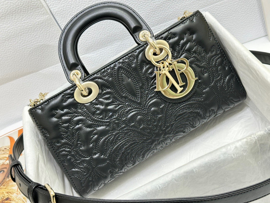 Christian Dior MEDIUM LADY D-JOY BAG Black Quilted-Effect Lambskin with Ornamental Motif