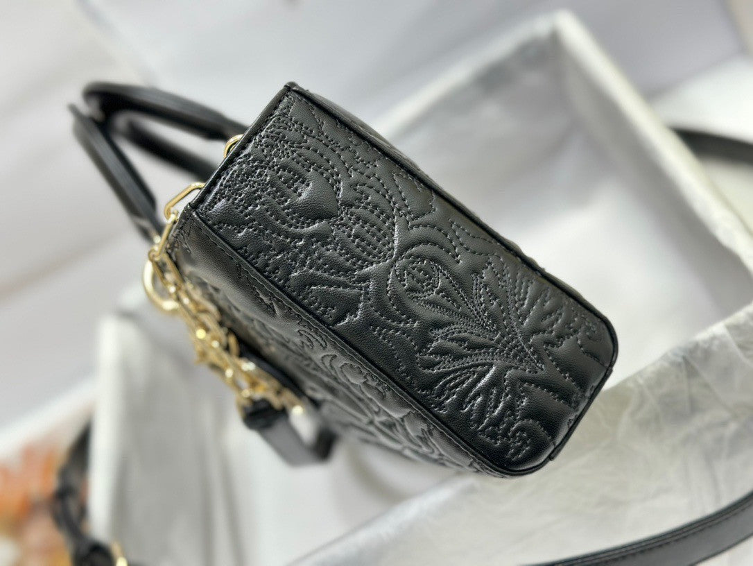 Christian Dior MEDIUM LADY D-JOY BAG Black Quilted-Effect Lambskin with Ornamental Motif