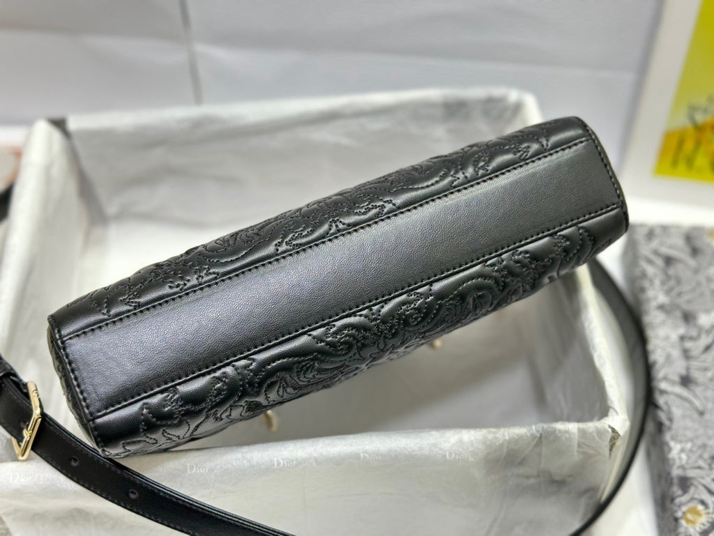 Christian Dior MEDIUM LADY D-JOY BAG Black Quilted-Effect Lambskin with Ornamental Motif