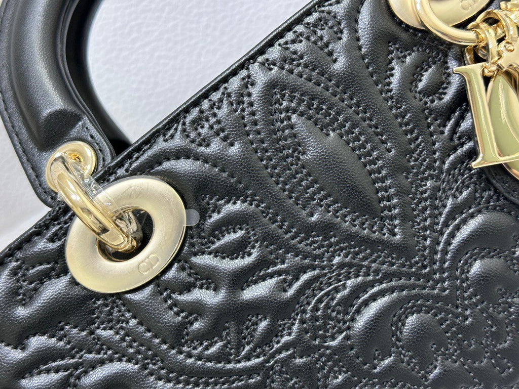Christian Dior MEDIUM LADY D-JOY BAG Black Quilted-Effect Lambskin with Ornamental Motif