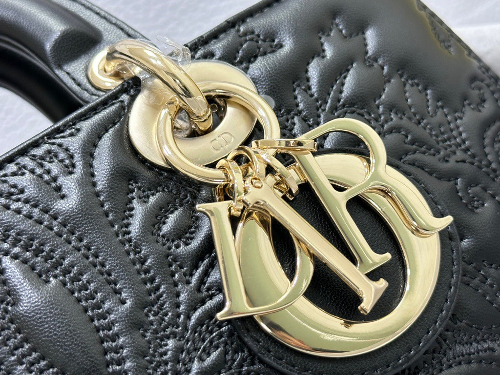 Christian Dior MEDIUM LADY D-JOY BAG Black Quilted-Effect Lambskin with Ornamental Motif