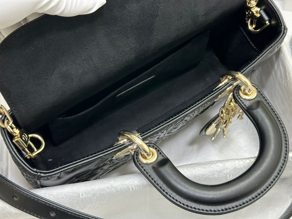 Christian Dior MEDIUM LADY D-JOY BAG Black Quilted-Effect Lambskin with Ornamental Motif