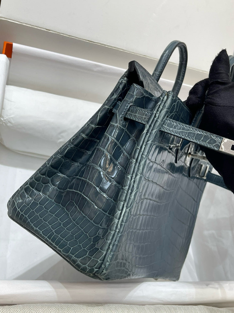 Hermes Bleu Orage Birkin Bag 25cm Niloticus Crocodile Palladium Hardware
