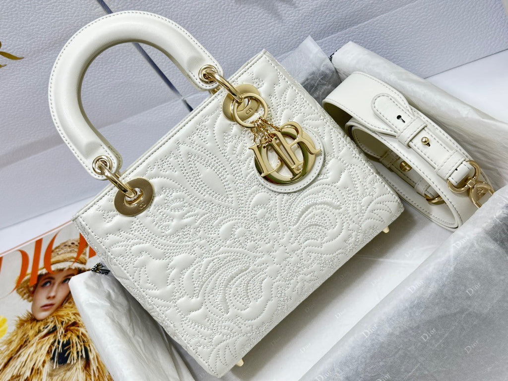 Christian Dior SMALL LADY DIOR MY ABCDIOR BAG White Quilted-Effect Lambskin with Ornamental Motif
