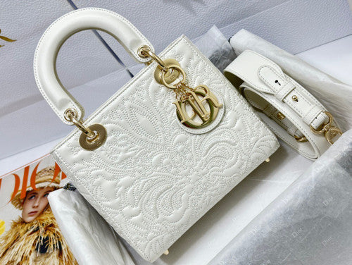 Christian Dior SMALL LADY DIOR MY ABCDIOR BAG White Quilted-Effect Lambskin with Ornamental Motif
