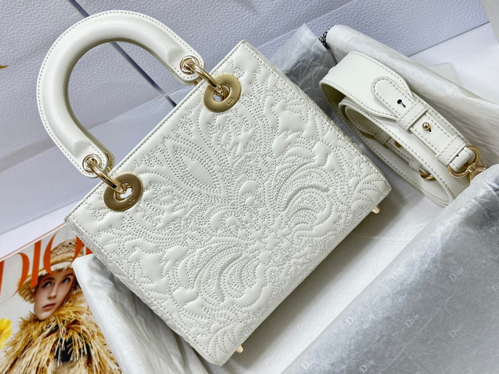 Christian Dior SMALL LADY DIOR MY ABCDIOR BAG White Quilted-Effect Lambskin with Ornamental Motif
