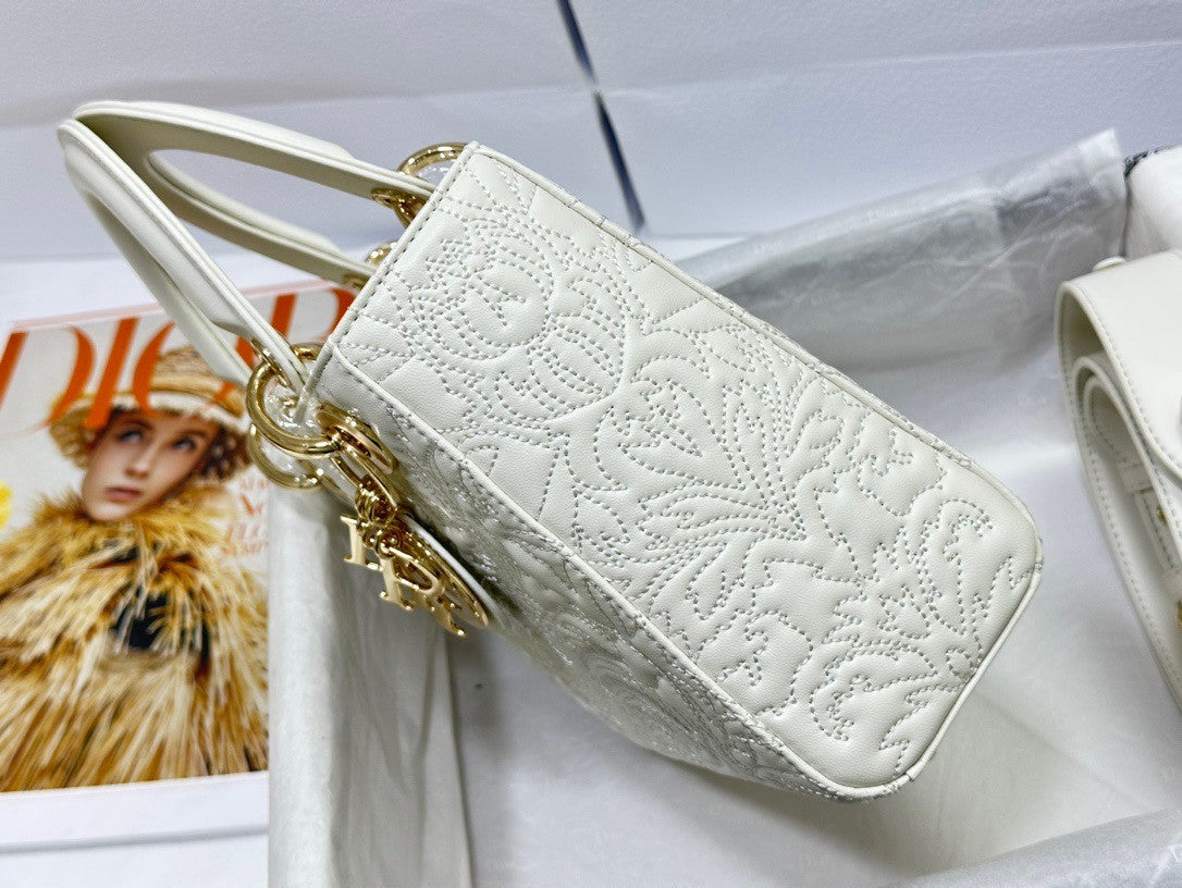 Christian Dior SMALL LADY DIOR MY ABCDIOR BAG White Quilted-Effect Lambskin with Ornamental Motif