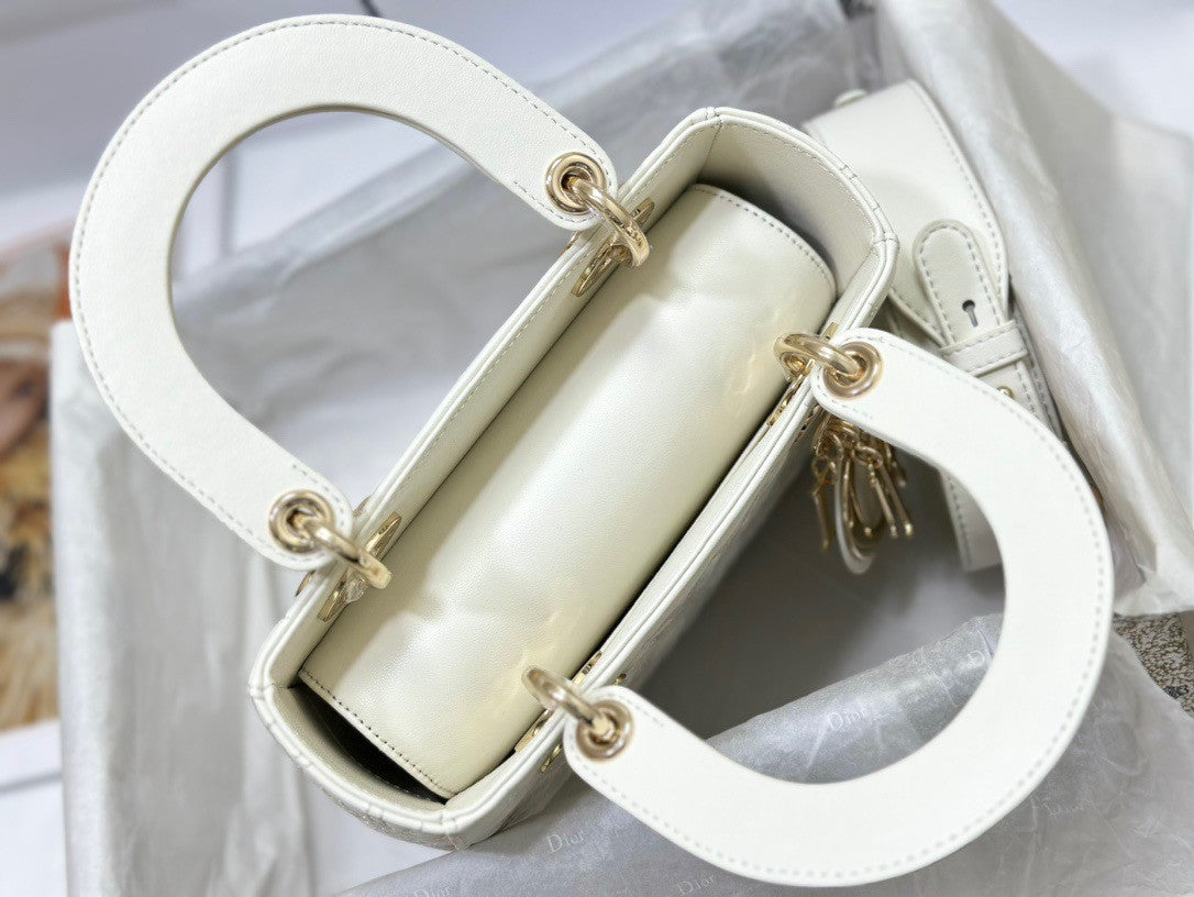 Christian Dior SMALL LADY DIOR MY ABCDIOR BAG White Quilted-Effect Lambskin with Ornamental Motif