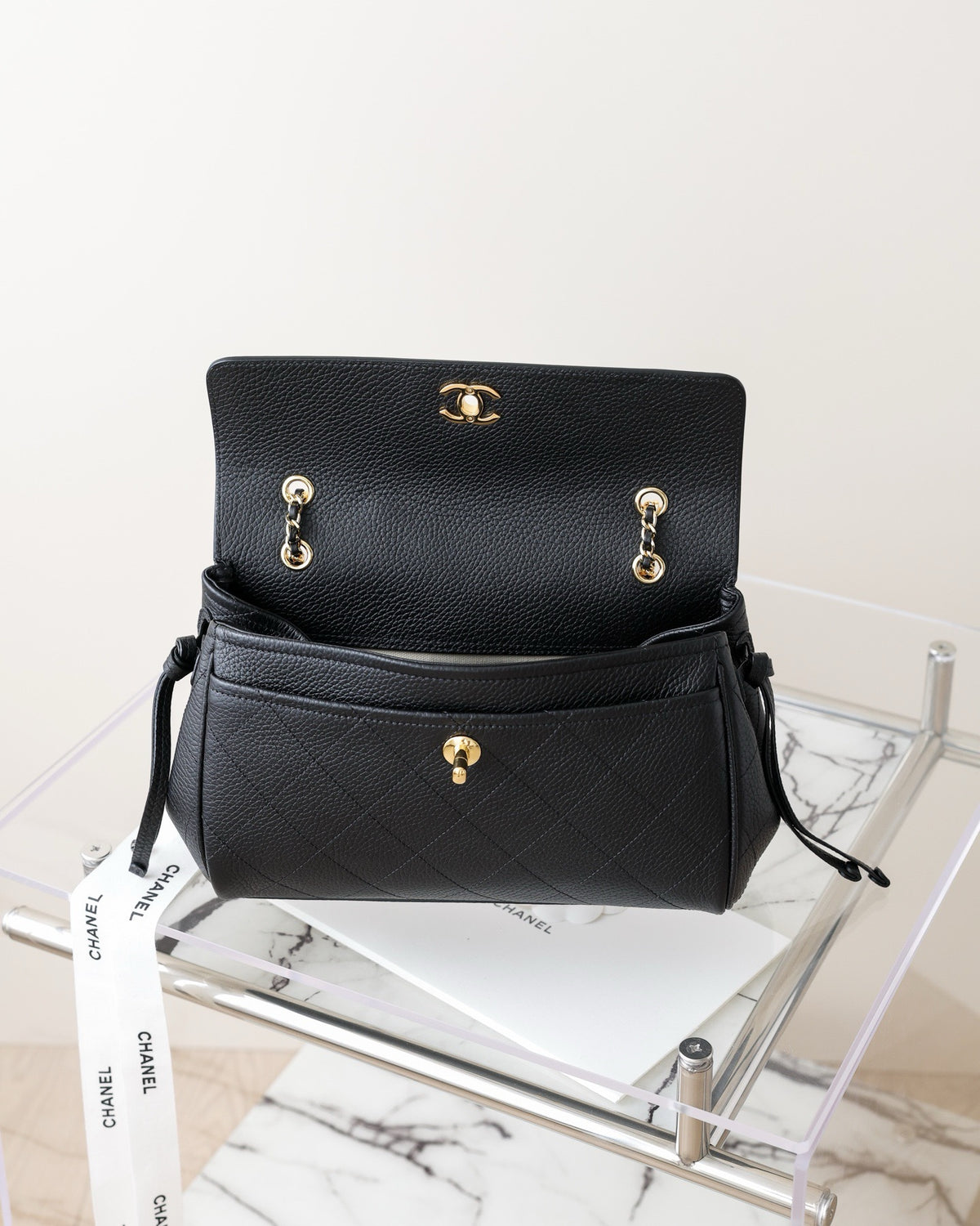 Chanel Large Shopping Bag SS 2026 — interior, CC turnlock and cream lining