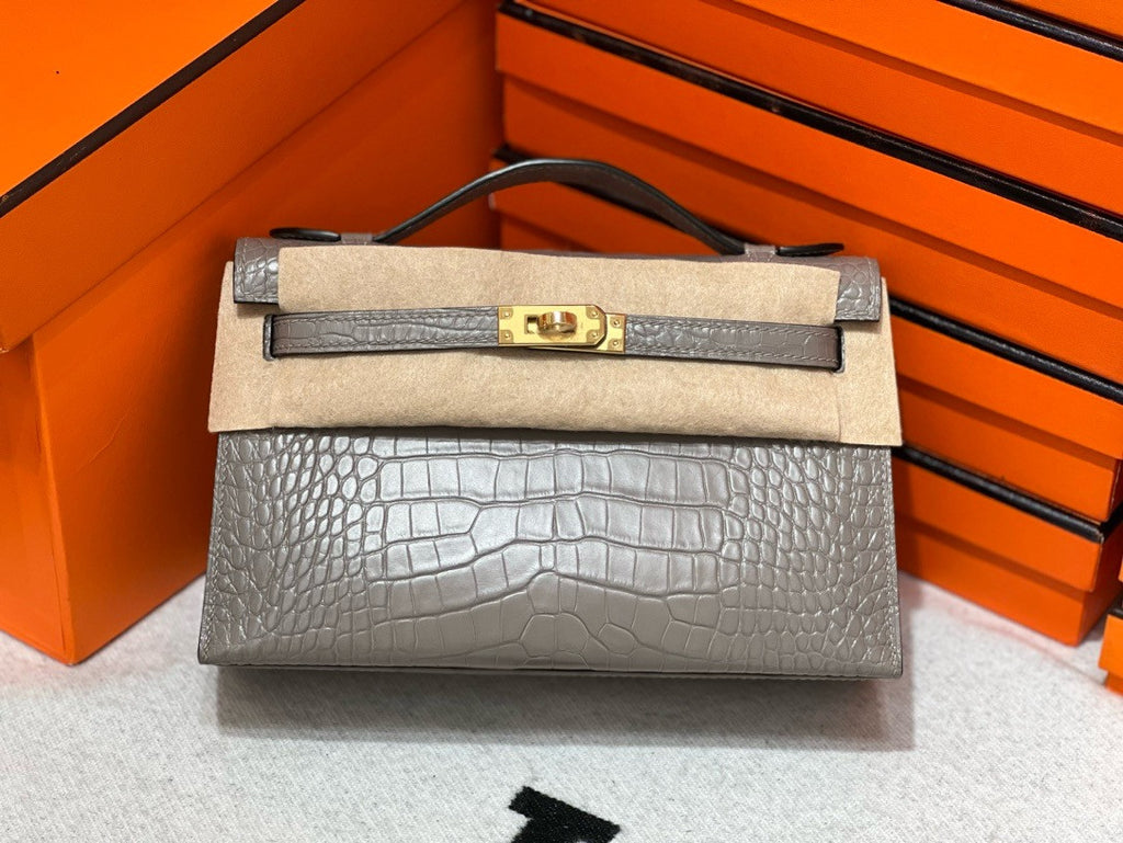 Hermès Shiny Gris Tourterelle Alligator Kelly Pochette