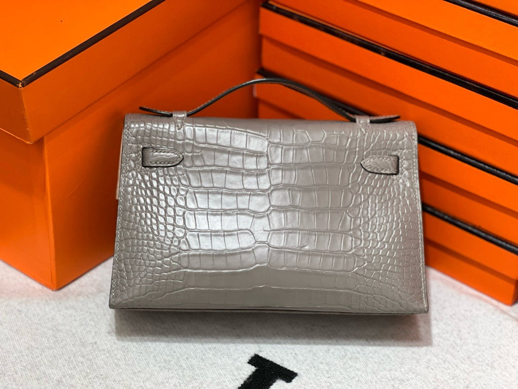 Hermès Shiny Gris Tourterelle Alligator Kelly Pochette