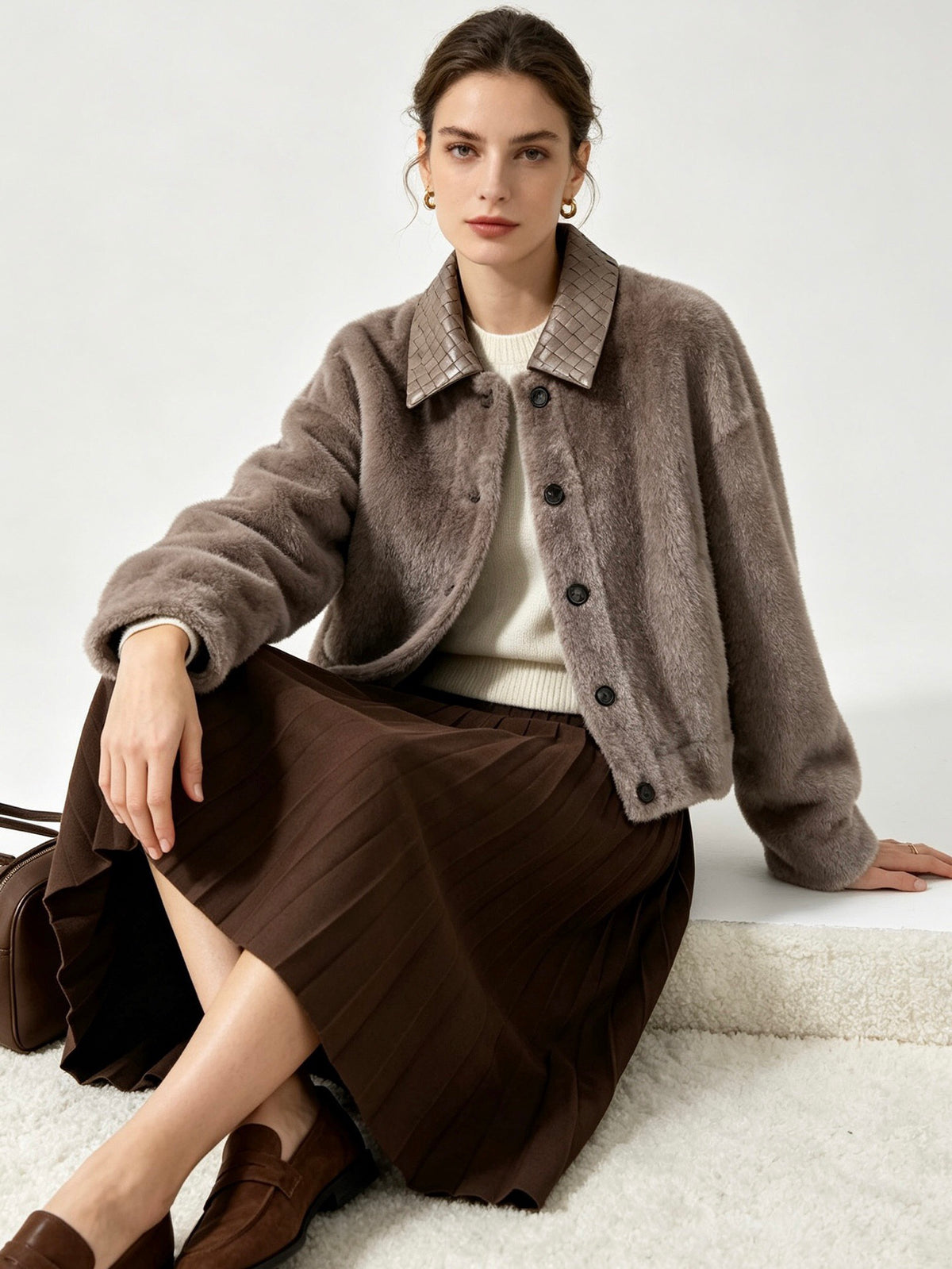 Bottega Veneta Plush Fur Jacket – Intrecciato Collar – EU 36/38/40/42 Bottega Veneta