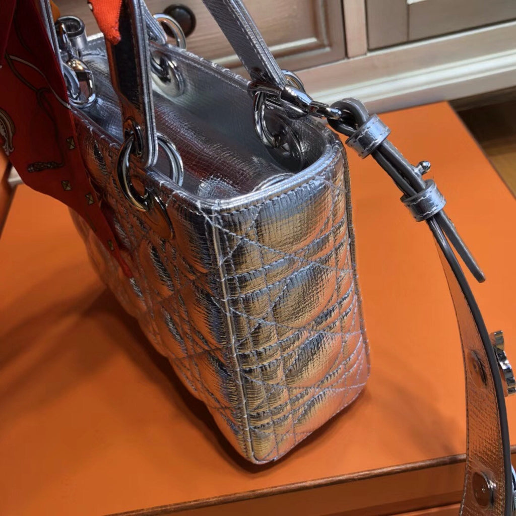 Christian Dior My Lady Dior bag in silver-tone grained leather 'Cannage' topstitching