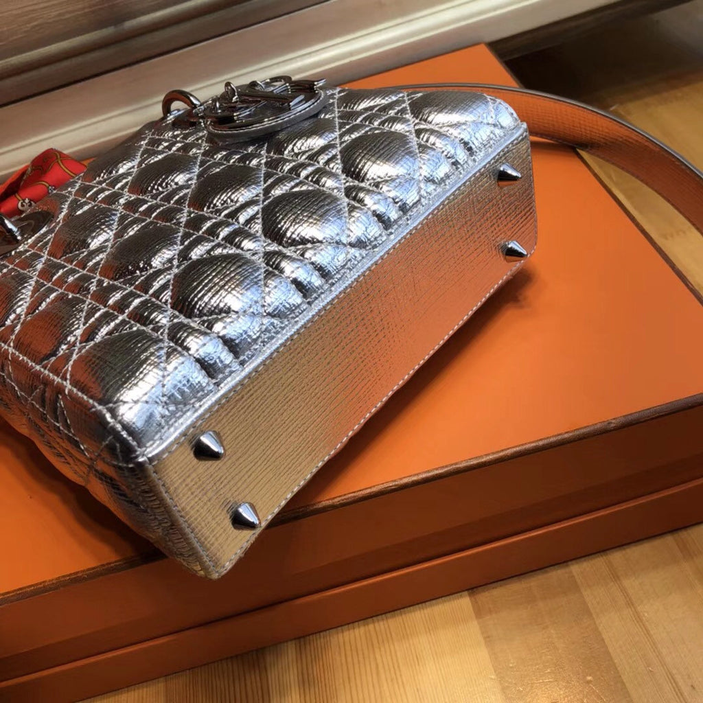 Christian Dior My Lady Dior bag in silver-tone grained leather 'Cannage' topstitching
